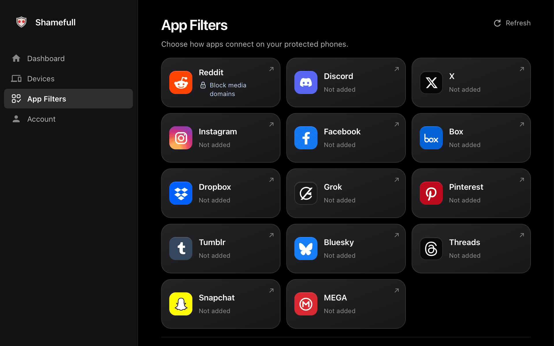 The Shamefull desktop app on App Filters. Reddit is saved with Block media domains. Discord, X, Instagram, Facebook, Box, Dropbox, Grok, Pinterest, Tumblr, Bluesky, Threads, Snapchat and MEGA are not added.